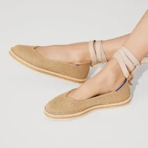 ROTHY'S | The Espadrille Gold Stripe Ballet Ankle Lace Wrap Tie Ivory | Size 9