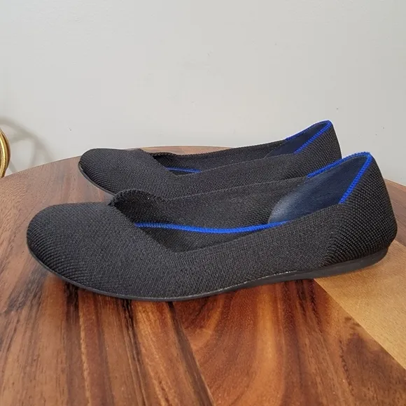 Rothys The Flat Kit Ballet Flats Black and Blue Washable Size 6