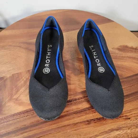 Rothys The Flat Kit Ballet Flats Black and Blue Washable Size 6