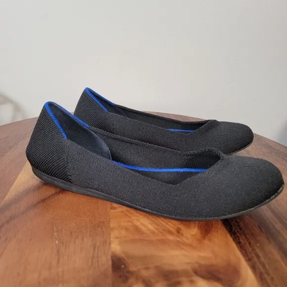 Rothys The Flat Kit Ballet Flats Black and Blue Washable Size 6
