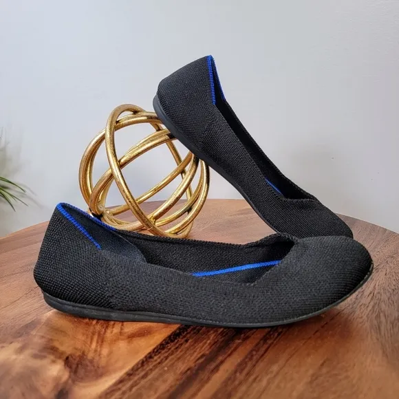 Rothys The Flat Kit Ballet Flats Black and Blue Washable Size 6