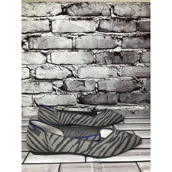 Rothy’s The Point Retired Grey Zebra Fabric Stripe Flats Women Sz 9.5M US/41EU