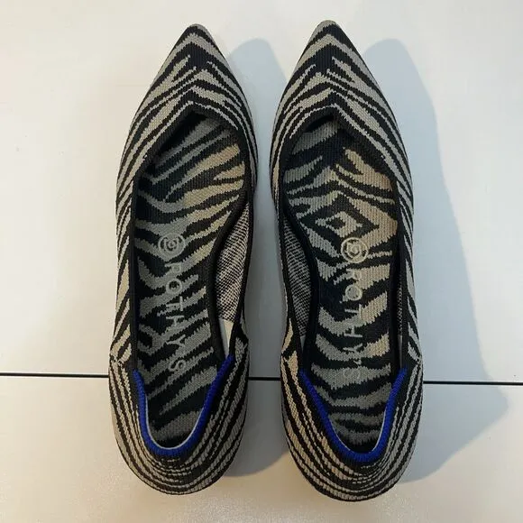 Rothy’s Zebra Print The Point Flats Black Biege Womens Size 7.5 Knit