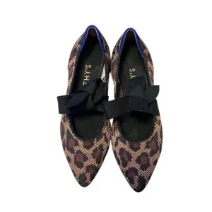 Rothys Womens Pointed Toe Size 7.5  Big Cats Black Flats with Bow Animal Print