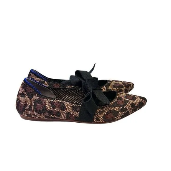 Rothys Womens Pointed Toe Size 7.5  Big Cats Black Flats with Bow Animal Print