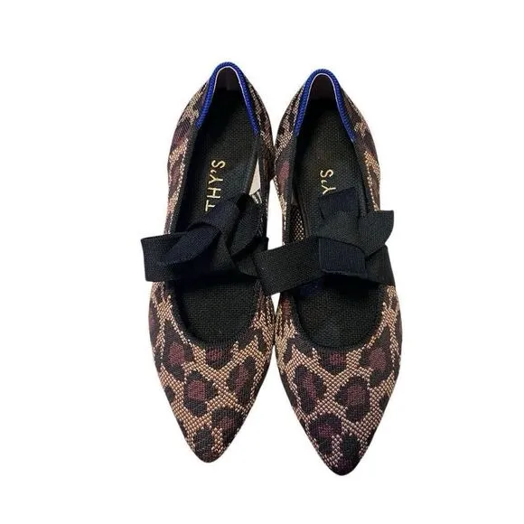 Rothys Womens Pointed Toe Size 7.5  Big Cats Black Flats with Bow Animal Print