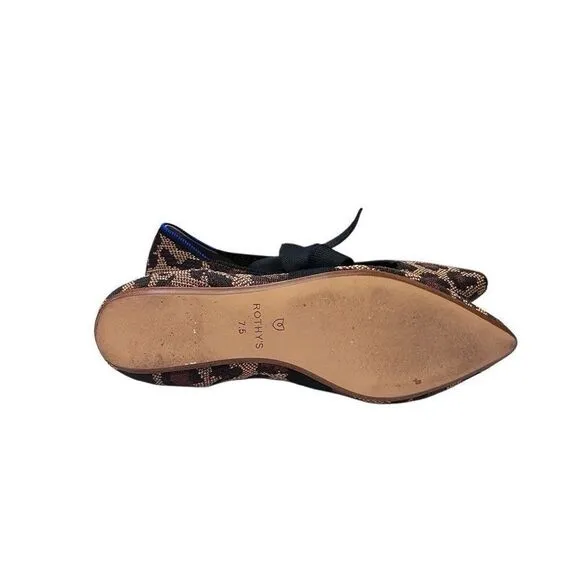 Rothys Womens Pointed Toe Size 7.5  Big Cats Black Flats with Bow Animal Print