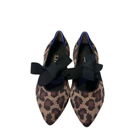 Rothys Womens Pointed Toe Size 7.5  Big Cats Black Flats with Bow Animal Print