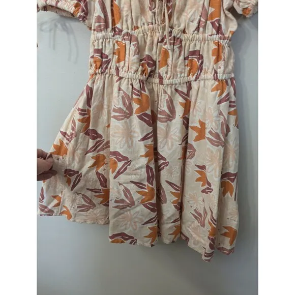 Sabo Skirt Havana Floral Mini Dress Linen Blend Puff Sleeve Milkmaid Small