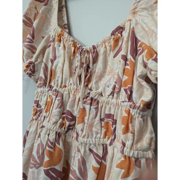 Sabo Skirt Havana Floral Mini Dress Linen Blend Puff Sleeve Milkmaid Small