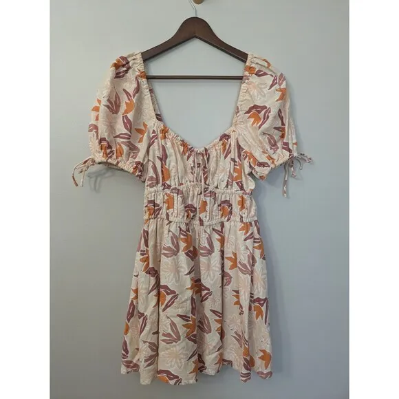 Sabo Skirt Havana Floral Mini Dress Linen Blend Puff Sleeve Milkmaid Small