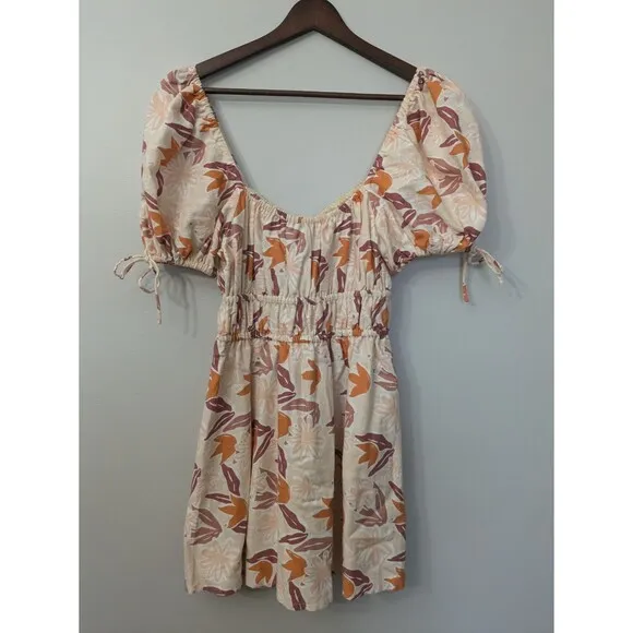 Sabo Skirt Havana Floral Mini Dress Linen Blend Puff Sleeve Milkmaid Small