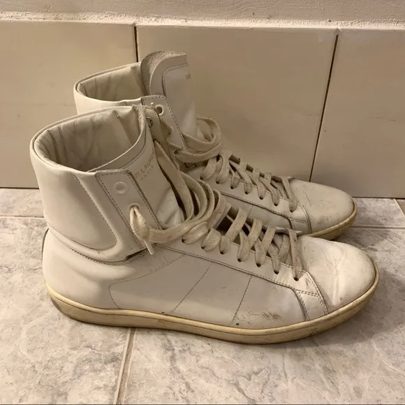 Saint Laurent Paris Men's White Leather Court High Top Sneakers Size 42.5