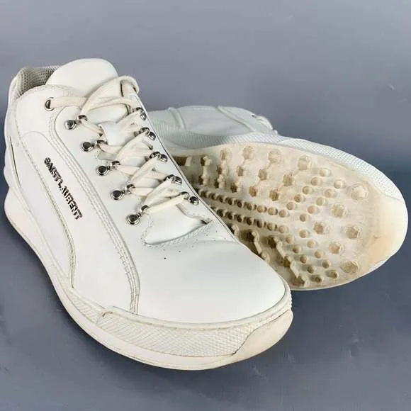 SAINT LAURENT White Leather Lace-Up Low Top Sneakers
