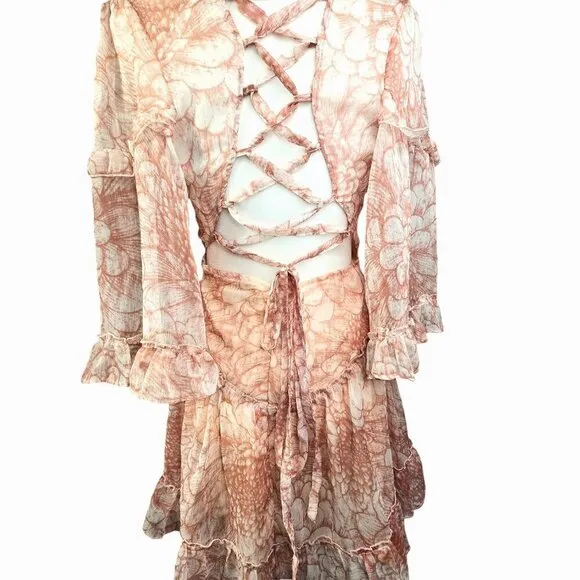 Saints   Secrets Albany Sexy Back Faux Wrap Frill Dress Floral in White &amp; Nude