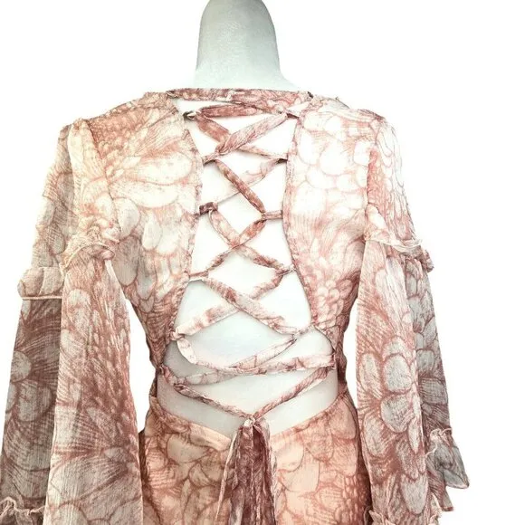 Saints   Secrets Albany Sexy Back Faux Wrap Frill Dress Floral in White &amp; Nude