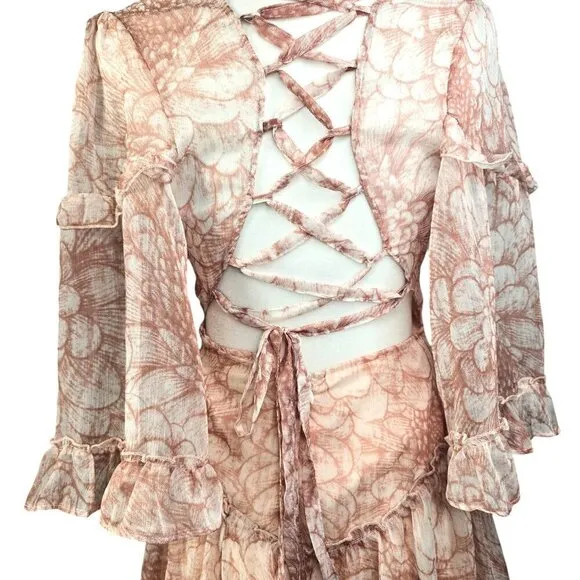 Saints   Secrets Albany Sexy Back Faux Wrap Frill Dress Floral in White &amp; Nude