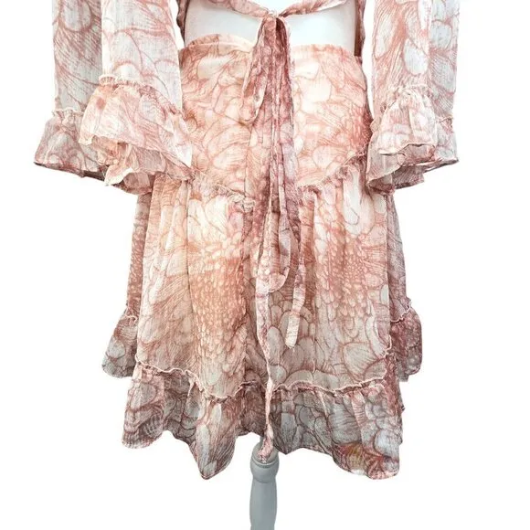 Saints   Secrets Albany Sexy Back Faux Wrap Frill Dress Floral in White &amp; Nude