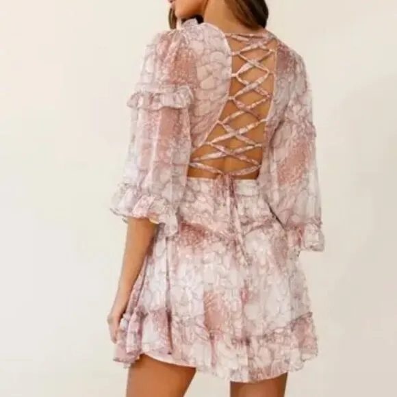 Saints   Secrets Albany Sexy Back Faux Wrap Frill Dress Floral in White &amp; Nude