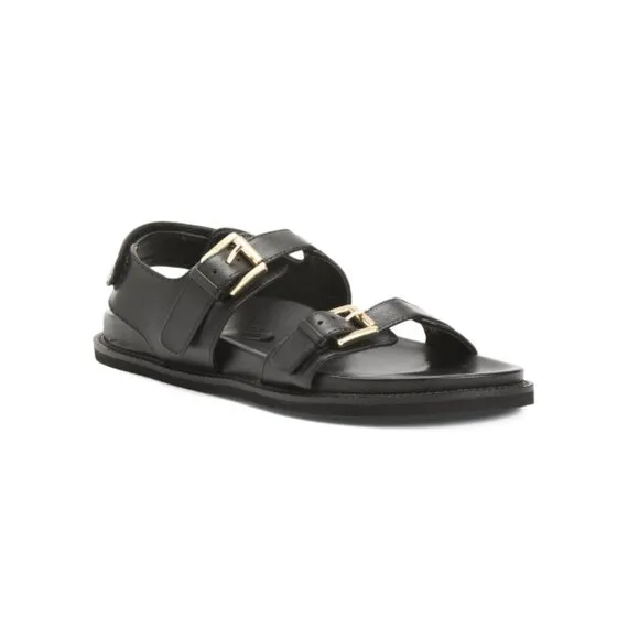 SALT AND UMBER Black Leather Capricorn Flat Sandals