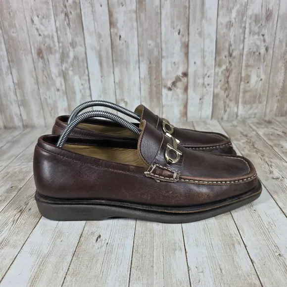 Salvatore Ferragamo Loafers Dress Shoes Gold Buckle Brown Leather Size 8.5