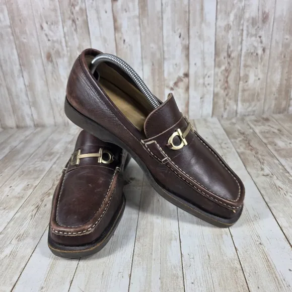 Salvatore Ferragamo Loafers Dress Shoes Gold Buckle Brown Leather Size 8.5