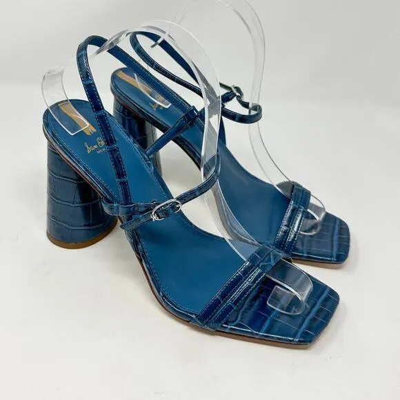 Sam Edelman Kit Blue Faux Leather Croc Embossed Block Heel Sandals, NEW, Size 9
