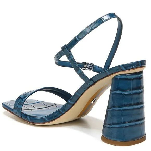Sam Edelman Kit Blue Faux Leather Croc Embossed Block Heel Sandals, NEW, Size 9