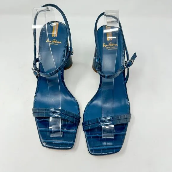 Sam Edelman Kit Blue Faux Leather Croc Embossed Block Heel Sandals, NEW, Size 9