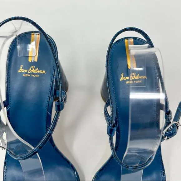 Sam Edelman Kit Blue Faux Leather Croc Embossed Block Heel Sandals, NEW, Size 9