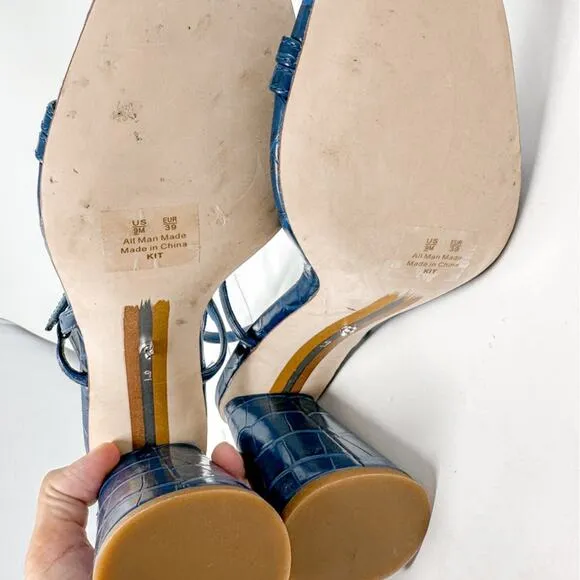 Sam Edelman Kit Blue Faux Leather Croc Embossed Block Heel Sandals, NEW, Size 9