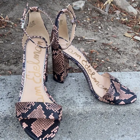 Sam Edelman YARO HEELS SNAKESKIN PYTHON BLOCK HEELS LEATHER STRAPPY SANDALS 8.5