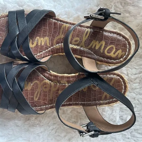 Sam Edelman Darline leather Black Espadrilles platform wedge strap sandals SZ9M
