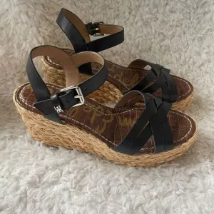 Sam Edelman Darline leather Black Espadrilles platform wedge strap sandals SZ9M