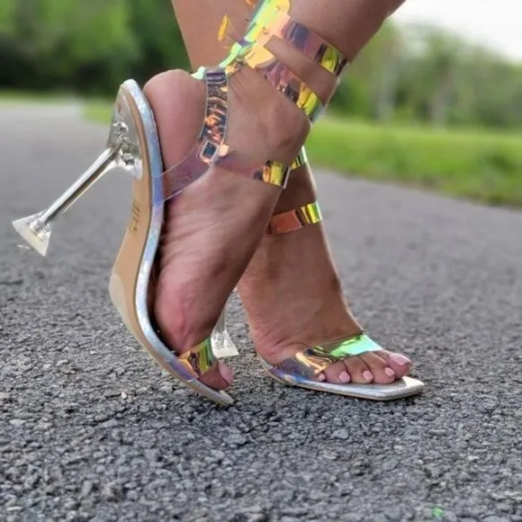Sandal Heel Hologram Open Toe Toe Strappy Pumps