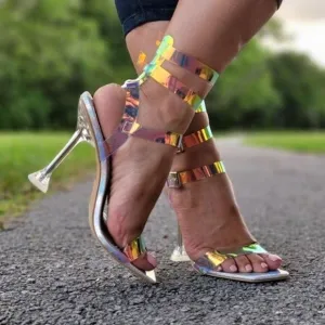 Sandal Heel Hologram Open Toe Toe Strappy Pumps