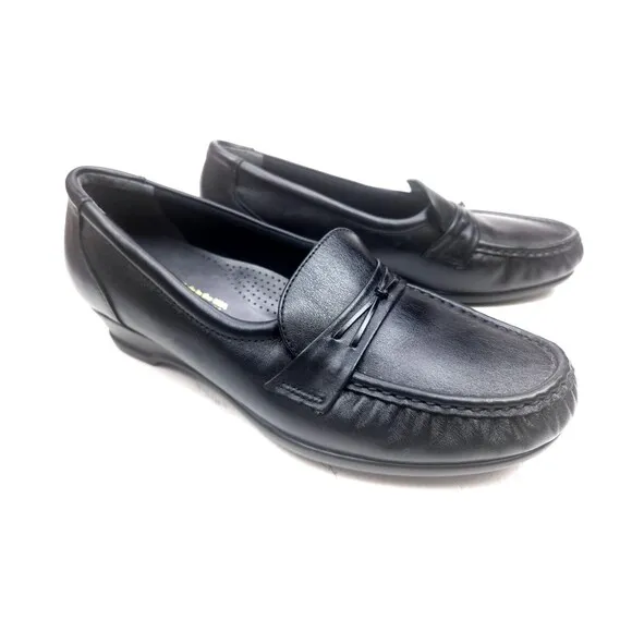 SAS Black Leather Easier Tri-Pad Comfort Dress Loafers Slip On Shoes 8.5 W Wide