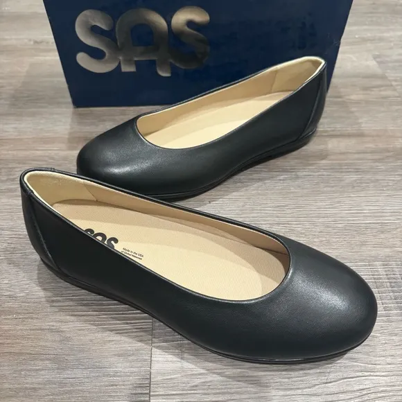 SAS Scenic Black Leather Comfort Ballet Flats