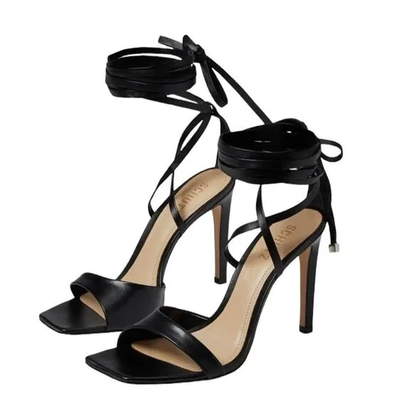 Schutz Bryce Leather Strappy Lace-Up Open Toe Sandals Black Size 9.5 New In Box