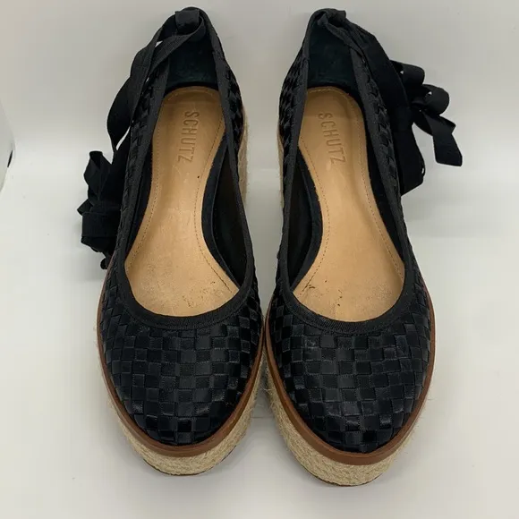 Schutz Stefania Flatform Espadrilles Black Woven Shoe Black 8B Leg Tie Up Strap