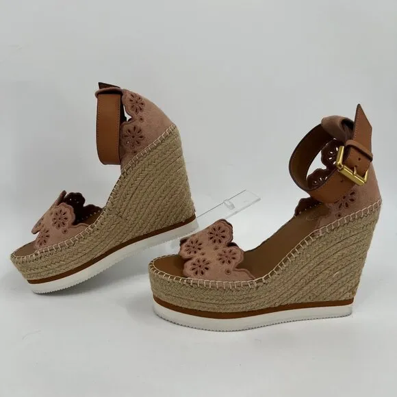 See By Chloe Pink Tan Eyelet Espadrille Wedges | Size 39EU