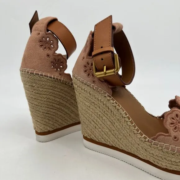 See By Chloe Pink Tan Eyelet Espadrille Wedges | Size 39EU