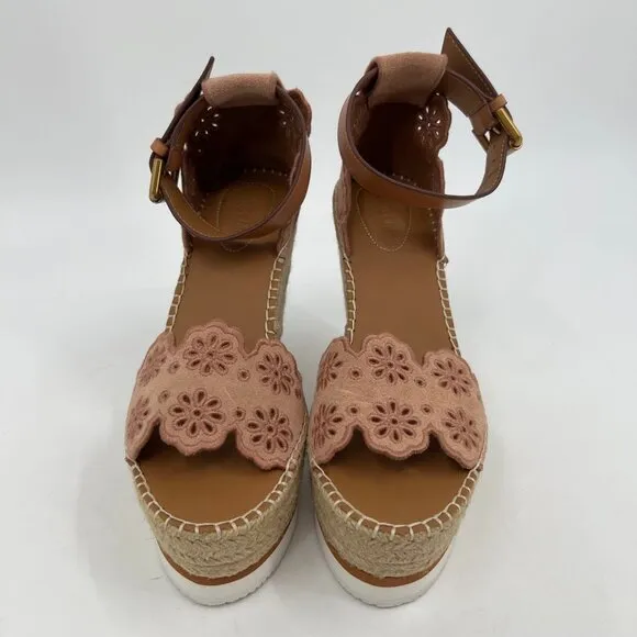 See By Chloe Pink Tan Eyelet Espadrille Wedges | Size 39EU
