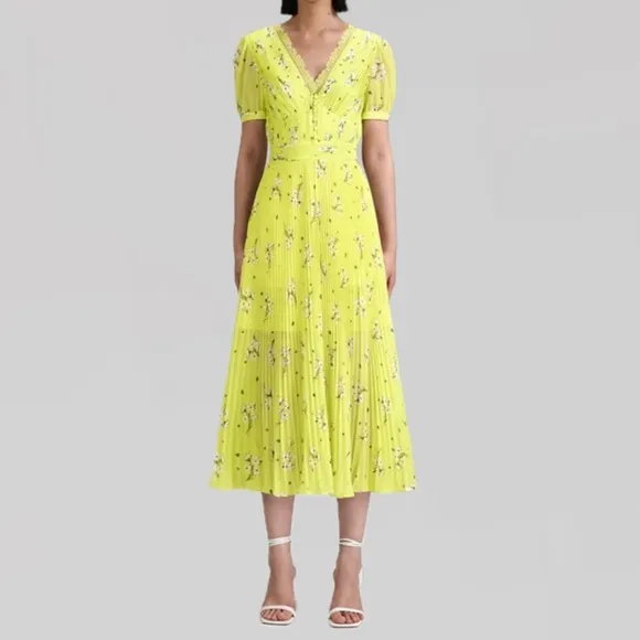 Self Portrait Lime Floral Chiffon Midi Dress
