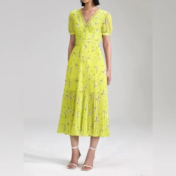 Self Portrait Lime Floral Chiffon Midi Dress