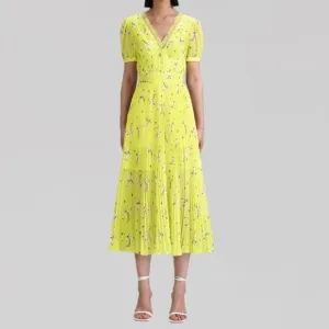 Self Portrait Lime Floral Chiffon Midi Dress