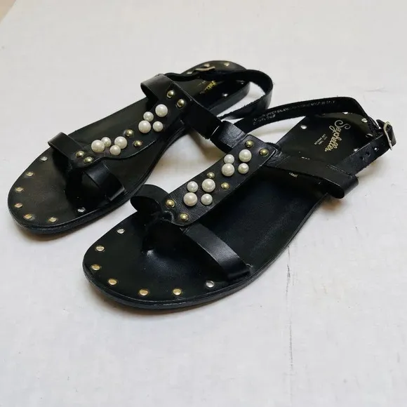 Seychelles Black Studded Pearl Leather Flat Sandals Womens 9 Italy Made Vacay