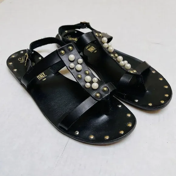 Seychelles Black Studded Pearl Leather Flat Sandals Womens 9 Italy Made Vacay