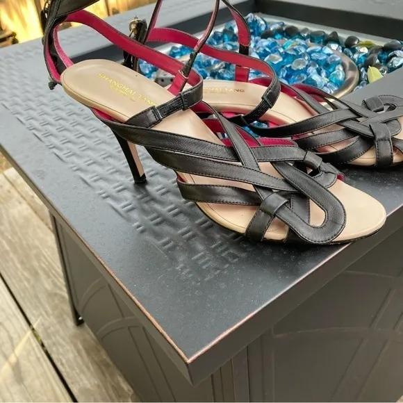 Shanghai Tang Black Leather Sandals Strappy Zip Back Beads High Heels Size 10
