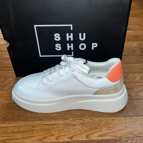 Shushop Skylar Leather Retro Sneakers Coral &amp; White Women’s Size 6.5 NEW
